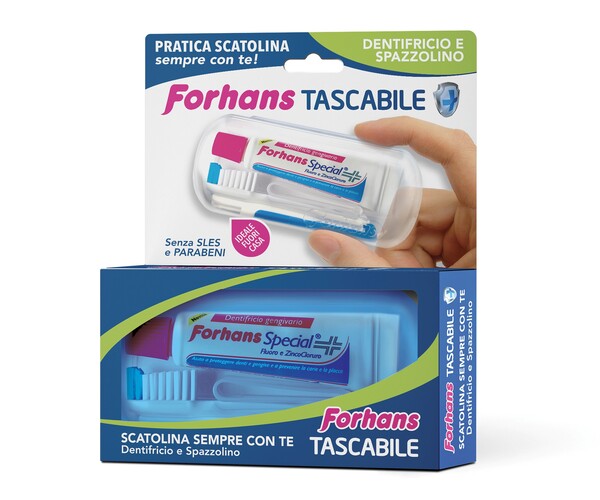 FORHANS TRAVEL KIT TASCABILE COMPOSTO DA SPAZZOLINO DA VIAGGIO + FORHANS SPECIAL PASTA DENTIFRICIA TUBETTO 12,5 ML - Farmamood