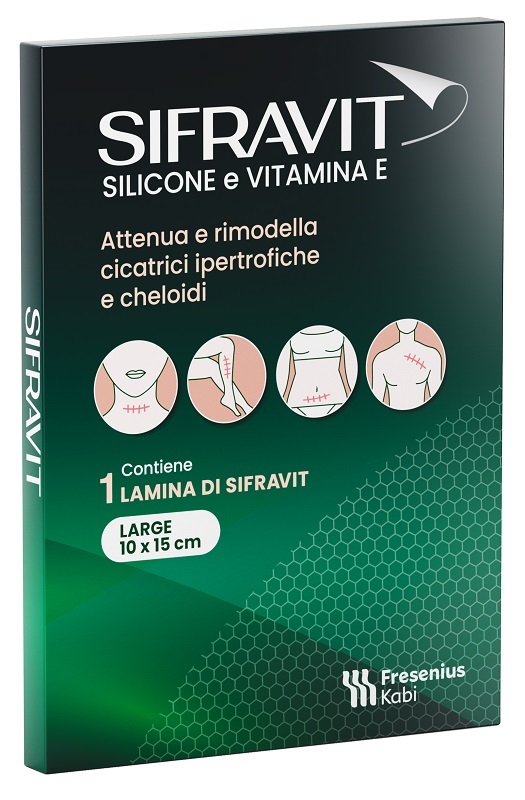 PLACCA IN SILICONE E VITAMINA E SIFRAVIT DIMENSIONI 15X10CM. INDICATA NEL TRATTAMENTO DI CHELOIDI E CICATRICI IPERTROFICHE CONSEGUENTI AD INTERVENTI C HIRURGICI, USTIONI, E FERITE - Farmamood
