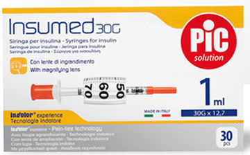 SIRINGA INSULINA PIC INSUMED 1 ML 100 UI AGO GAUGE 30 12,7 MM SENZA SPAZIO MORTO 30 PEZZI - Farmamood