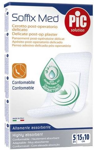 CEROTTO PIC SOFFIX MED IN TNT CON TAMPONE CENTRALE ASSORBENTE STERILE MONOUSO 10X15 CM ANTIBATTERICO 5 PEZZI - Farmamood