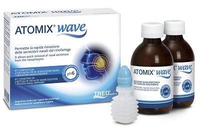 ATOMIX WAVE DISPOSITIVO PER IGIENE RINOFARINGEA ATOMIX SOLUZIONE SALINA 250 ML 2 PEZZI + TERMINALE NASALE + EROGATORE A SOFFIETTO - Farmamood