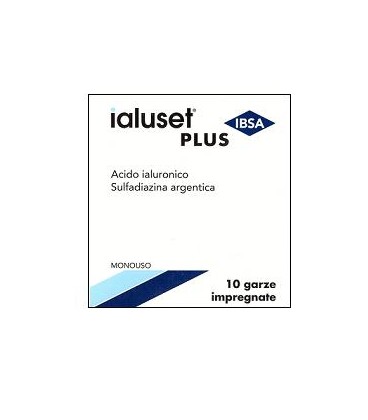 GARZA IALUSET PLUS IMPREGNATA DI CREMA DI ACIDO IALURONICO 0,05%, DI SULFADIAZINA ARGENTICA 1%, MACROGOL, GLICEROLO E ACQUA 10 X 10 CM 10 PEZZI - Farmamood