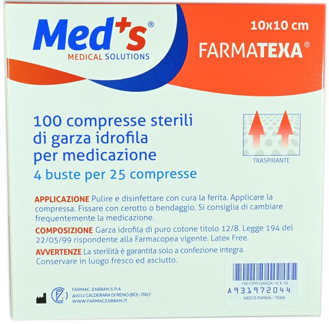 GARZA COMPRESSA IDROFILA MEDS FARMATEXA 2/8 10X10CM 100 PEZZI - Farmamood