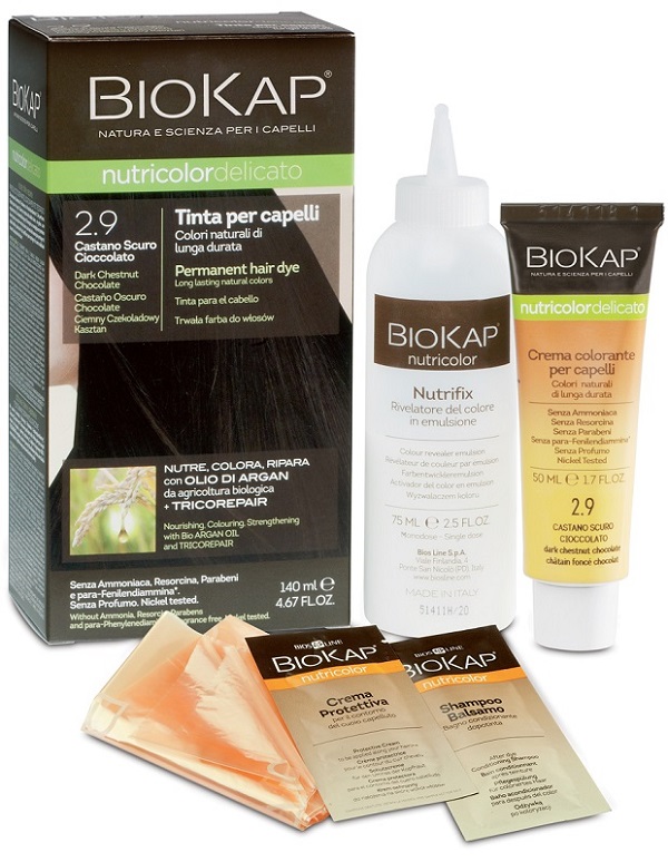 BIOKAP NUTRICOLOR DELICATO 2,9 CASTANO SCURO CIOCCOLATO TINTA TUBO + FLACONE - Farmamood
