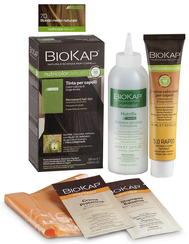 BIOS LINE  BIOKAP NUTRICOLOR DELICATO RAPID TINTA 7,0 BIONDO MEDIO NATURALE 135 ML - Farmamood