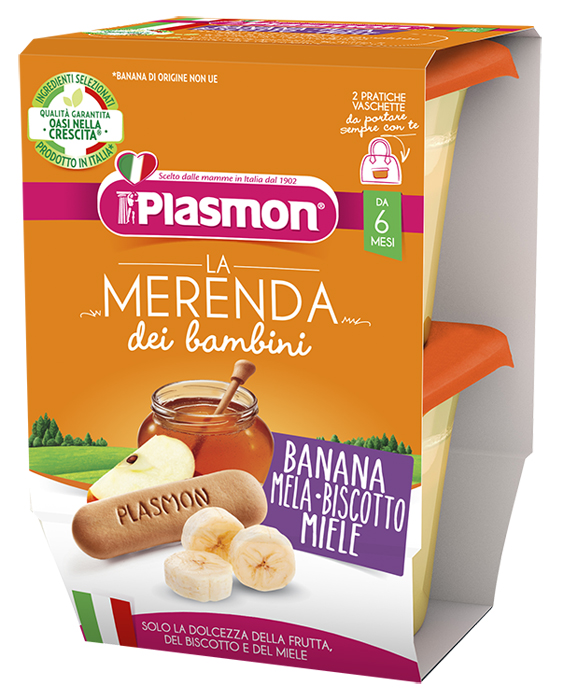 PLASMON LA MERENDA DEI BAMBINI MERENDE BANANA MELA BISCOTTO MIELE ASETTICO 2 X 120 G - Farmamood
