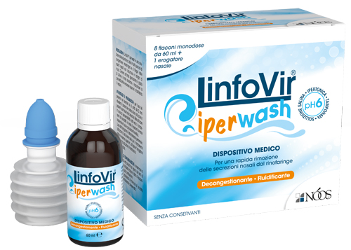 LINFOVIR IPERWASH SOLUZIONE SALINA IPERTONICA TAMPONATA 8 FLACONI DA 60 ML + 1 EROGATORE NASALE - Farmamood