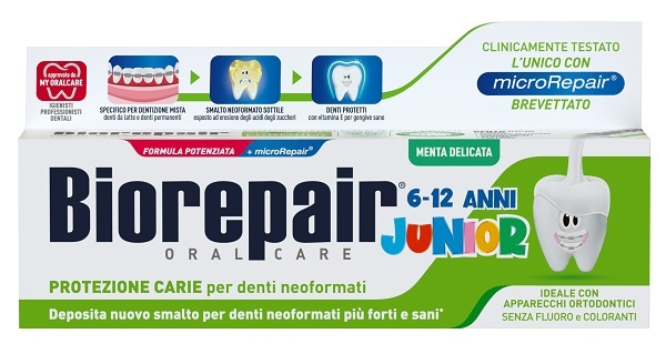 BIOREPAIR ORAL CARE JUNIOR 6-12 ANNI DENTIFRICIO PROTEZIONE ANTI CARIE SMALTO NEOFORMATO ALLA MENTA DELICATA 75 ML - Farmamood