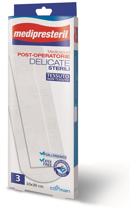 MEDICAZIONE POST OPERATORIA MEDIPRESETERIL DELICATA TNT 10X30CM 3 PEZZI - Farmamood