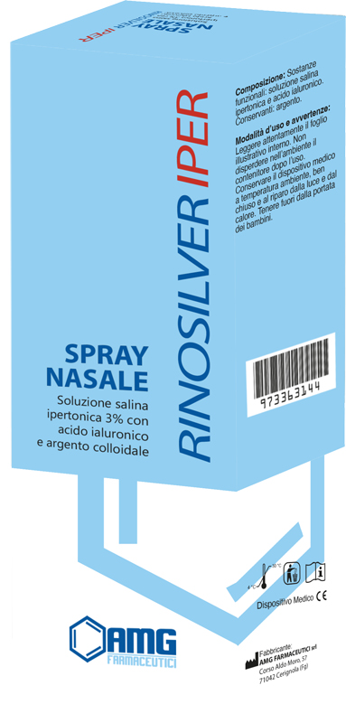 RINOSILVER SOLUZIONE SALINA IPERTONICA 3% CON ACIDO IALURONICO E ARGENTO COLLOIDALE SPRAY NASALE 20 ML - Farmamood