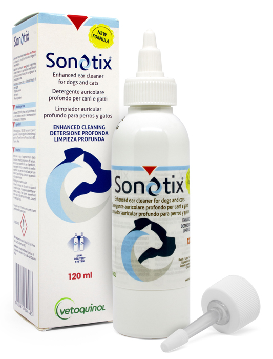SONOTIX DETERGENTE AURICOLARE PROFONDO CANI E GATTI FLACONE 120 ML + CANNULA CORTA RIGIDA + CANNULA LUNGA FLESSIBILE - Farmamood