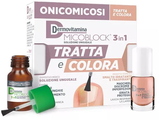 DERMOVITAMINA MICOBLOCK 3 IN 1 TRATTA E COLORA SOLUZIONE UNGUEALE 7 ML + SMALTO IDRATANTE TRASPIRANTE 5 ML - Farmamood