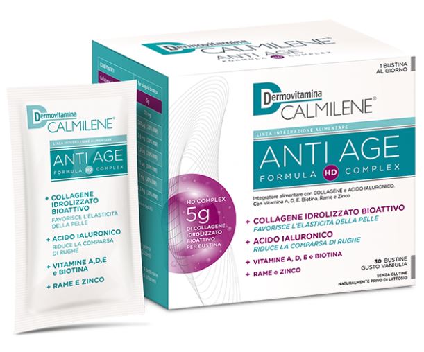 DERMOVITAMINA CALMILENE ANTIAGE IA A BASE DI COLLAGENE E ACIDO IALURONICO POLVERE 30 BUSTINE GUSTO VANIGLIA - Farmamood