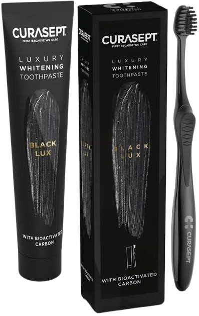 CURASEPT BLACK LUXURY WHITENING DENTIFRICIO 75 ML + SPAZZOLINO - Farmamood