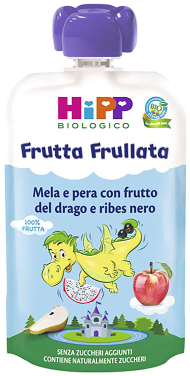 HIPP BIO FRUTTA FRULLATA DRAGONE MELA PERA FRUTTA DEL DRAGO RIBES NERO 90 G - Farmamood