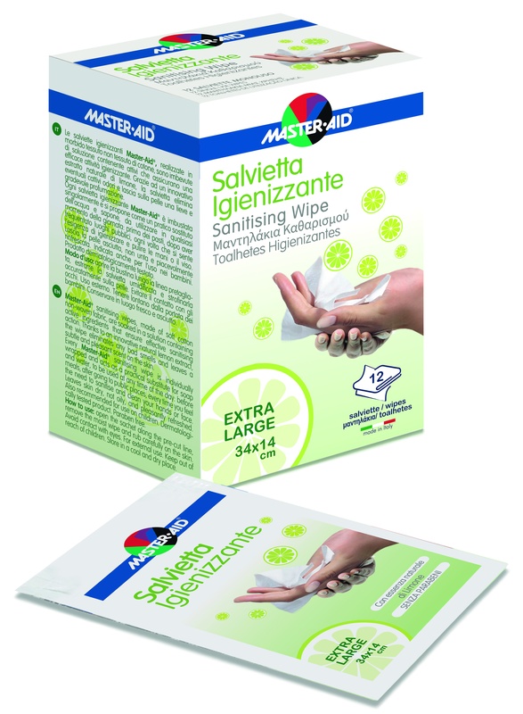MASTER-AID SAVIETTA IMPREGNATA DI SOLUZIONE IGIENIZZANTE XL 12 PEZZI - Farmamood