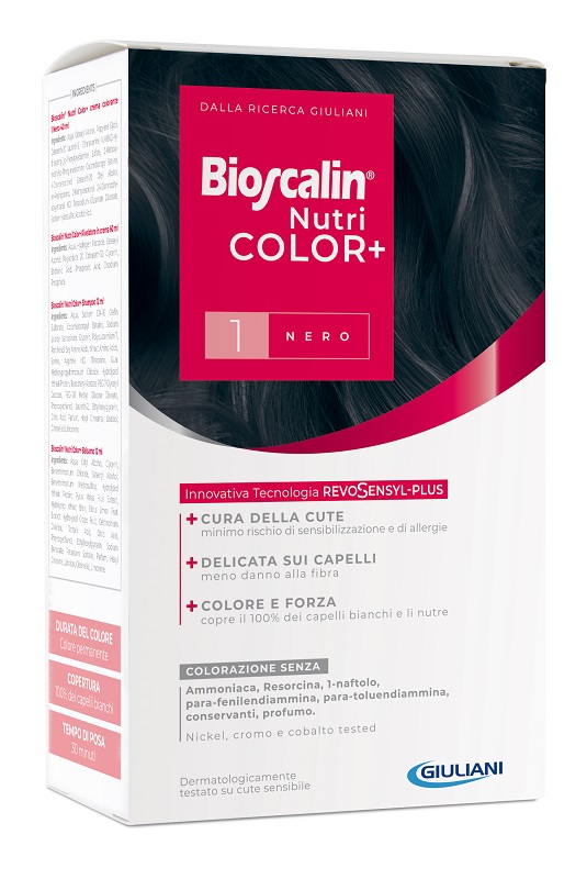 BIOSCALIN NUTRICOLOR PLUS 1 NERO CREMA COLORANTE 40 ML + RIVELATORE CREMA 60 ML + SHAMPOO 12 ML + TRATTAMENTO FINALE BALSAMO 12 ML - Farmamood