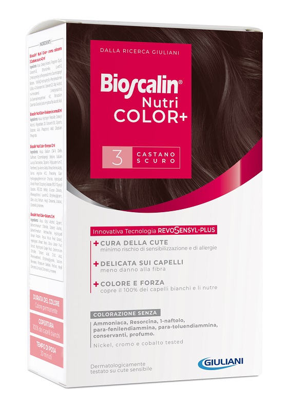 BIOSCALIN NUTRICOLOR PLUS 3 CASTANO SCURO CREMA COLORANTE 40 ML + RIVELATORE CREMA 60 ML + SHAMPOO 12 ML + TRATTAMENTO FINALE BALSAMO 12 ML - Farmamood