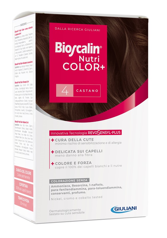 BIOSCALIN NUTRICOLOR PLUS 4 CASTANO CREMA COLORANTE 40 ML + RIVELATORE CREMA 60 ML + SHAMPOO 12 ML + TRATTAMENTO FINALE BALSAMO 12 ML - Farmamood