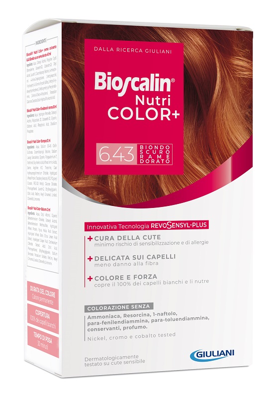BIOSCALIN NUTRICOLOR PLUS 6,43 BIONDO SCURO RAME DORATO CREMA COLORANTE 40 ML + RIVELATORE CREMA 60 ML + SHAMPOO 12 ML + TRATTAMENTO FINALE BALSAMO 12 ML - Farmamood
