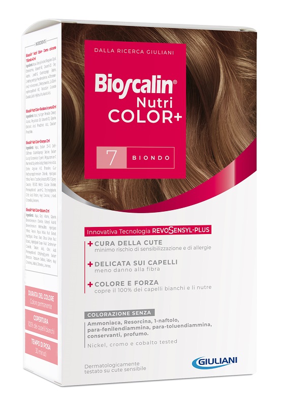BIOSCALIN NUTRICOLOR PLUS 7 BIONDO CREMA COLORANTE 40 ML + RIVELATORE CREMA 60 ML + SHAMPOO 12 ML + TRATTAMENTO FINALE BALSAMO 12 ML - Farmamood
