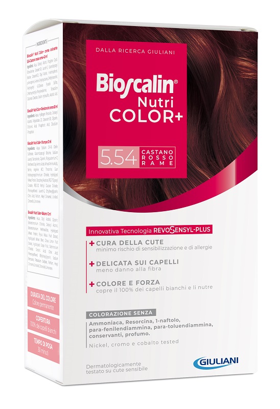 BIOSCALIN NUTRICOLOR PLUS 5,54 CASTANO ROSSO RAME CREMA COLORANTE 40 ML + RIVELATORE CREMA 60 ML + SHAMPOO 12 ML + TRATTAMENTO FINALE BALSAMO 12 ML - Farmamood
