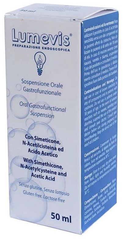 LUMEVIS SOSPENSIONE ORALE MONOUSO A BASE DI SIMETICONE N-ACETILCISTEINA E ACIDO ACETICO DA UTILIZZARE IN PREPARAZIONE DI ESAMI CLINICI AMBITO GASTROSCOPICO 50 ML - Farmamood