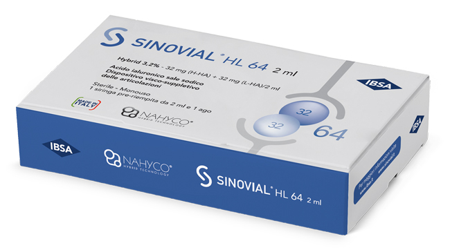 SIRINGA INTRA-ARTICOLARE SINOVIAL HL 64 ACIDO IALURONICO SALE SODICO 3,2% 32MG H-HA + 32MG H-LA/2ML 2 ML - Farmamood
