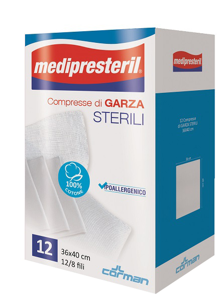 GARZA COMPRESSA MEDIPRESTERIL 12/8 FU 36X40CM 12 PEZZI - Farmamood