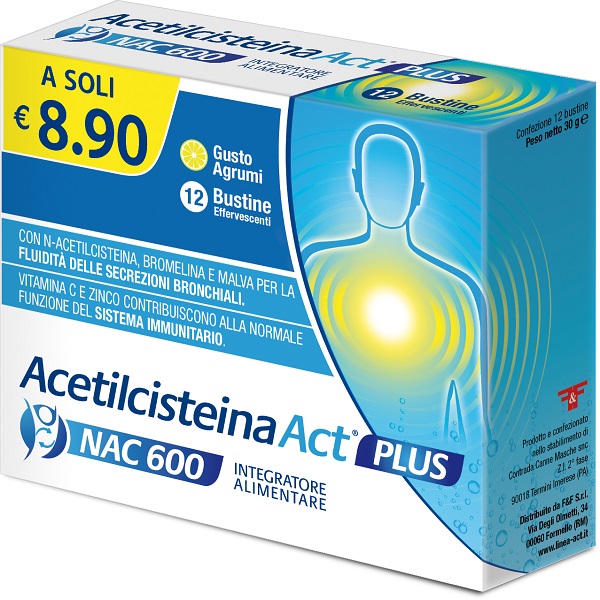 ACETILCISTEINA ACT PLUS NAC 600 12 BUSTINE EFFERVESCENTI AGRUMI - Farmamood